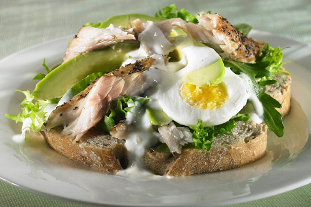 Open Topped Smoked Mackerel, Egg and Avocado Sandwich with Horseradish