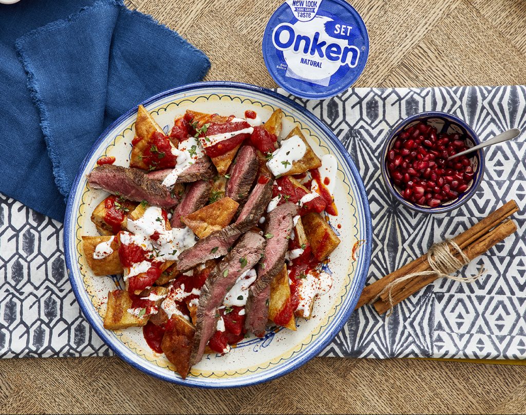 Steak Strips With Garlic Yogurt, Tomato Sauce and Butter Fried Pide