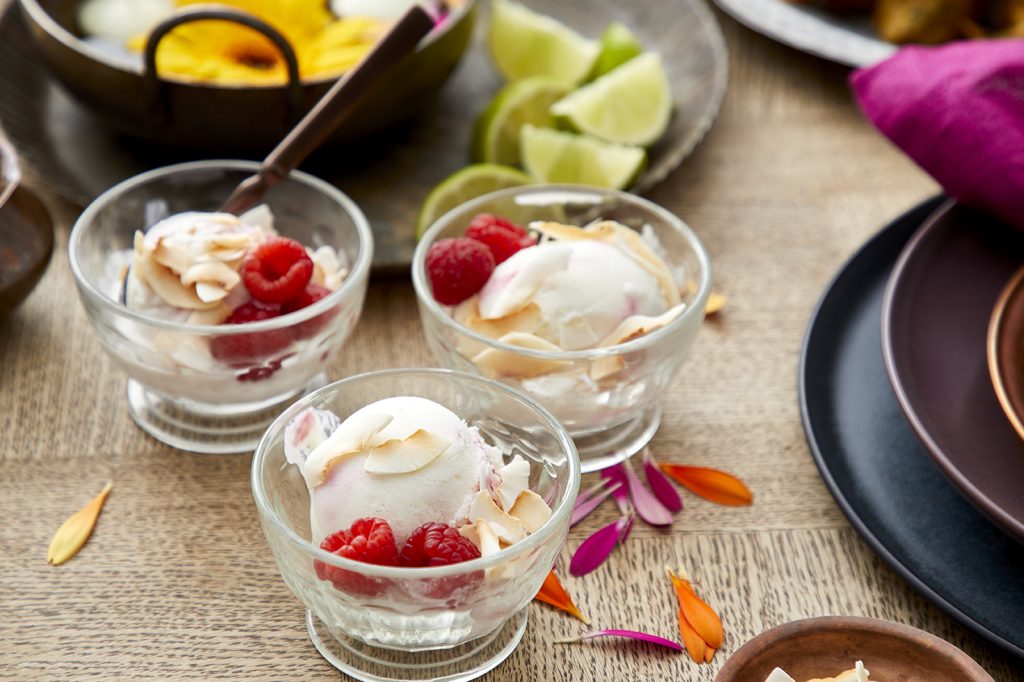Raspberry Ripple Yogurt Kulfi with Rose, Cardamom & Toasted Coconut