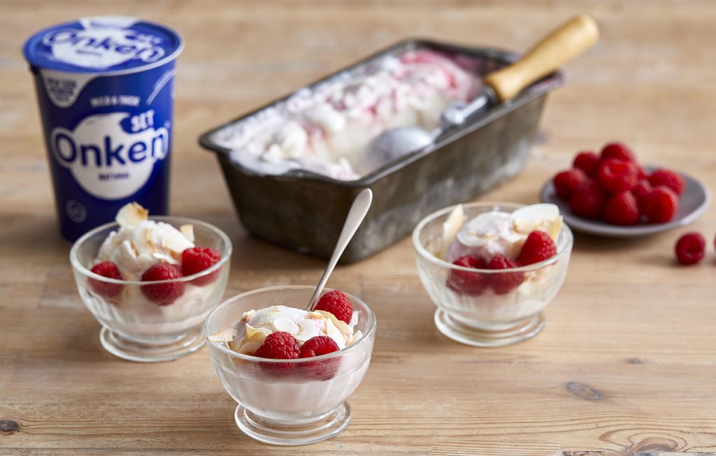 Raspberry Ripple Yogurt Kulfi with Rose, Cardamom & Toasted Coconut